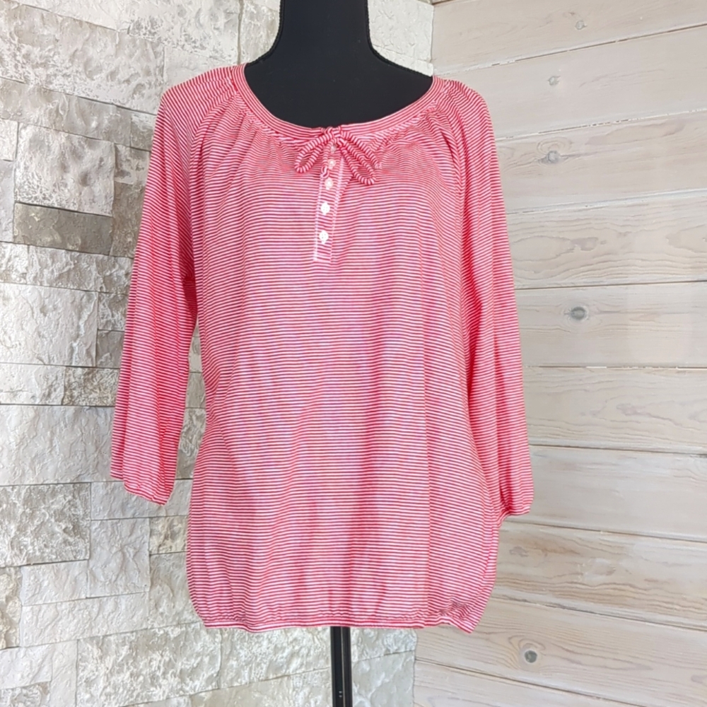 Jones New York Red & White Striped Beachy 90s Tunic Top Elastic Waist Slimming